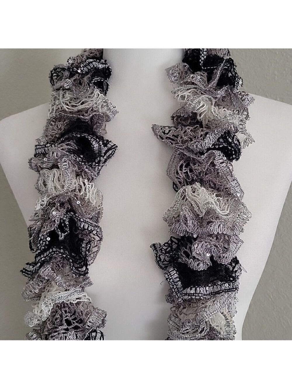 Handmade Infinity Scarf Black Gray Ruffle Soft - Picture 3 of 4